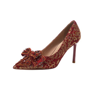 8777E-016 Pointed Toe Stiletto Heel Sequined Cloth Bridal Shoes <b>Red</b> With <b>Bow</b> Wedding Dress Pumps Super High 8cm Up - Product Image 4