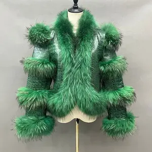 Best Seller Fox Raccoon Leather Fur Coat Crocodile Print Women Genuine Leather Jacket with Fur