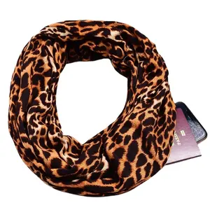Summer Fashion Travel Loop Scarf Wrap Women Leopard Print Infinity Scarf with Zipper Pocket