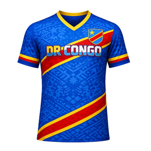 Maglia sportiva del RD del Congo – Maglietta da calcio blu e rossa con motivo etnico e stemma - Product Image 1