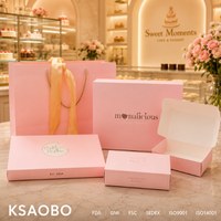 Boîte à gâteau rose de luxe personnalisée, imperméable, avec finition mate et gaufrage, ensemble de sacs en papier réutilisables et pliables pour boulangerie et pâtisserie.
