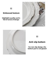 Assiette de dîner en céramique blanche style rococo français, assiette de présentation vintage en porcelaine à relief, bordure perlée en dentelle, plat de mariage