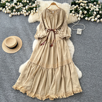 Robe longue décontractée pour femme, coupe trapèze, en dentelle, à franges, manches 3/4, ample, avec ceinture à nouer, pour le quotidien et les vacances