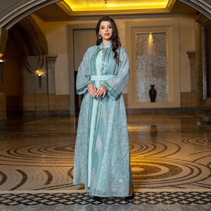 Müslüman hint Abaya kadın Dubai günlük parti kıyafeti için moda uzun kollu nakış açık Abaya <span class=keywords><strong>2</strong></span> parça Set fas Kaftan - Product Image 6