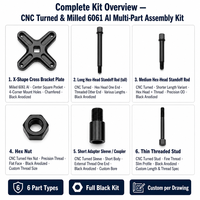 Kit multi-pièces en alliage d'aluminium usiné CNC sur mesure, anodisé noir, comprenant support croisé, entretoises, tiges et écrous hexagonaux, pour usinage OEM