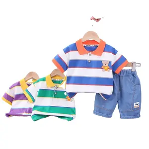 Jongens Zomer Kleur Strip Revers Korte Mouw Pak 2024 Nieuwe Baby Korte Mouw Kleding Kleine Jongens Kinderen Coole Kinderkleding