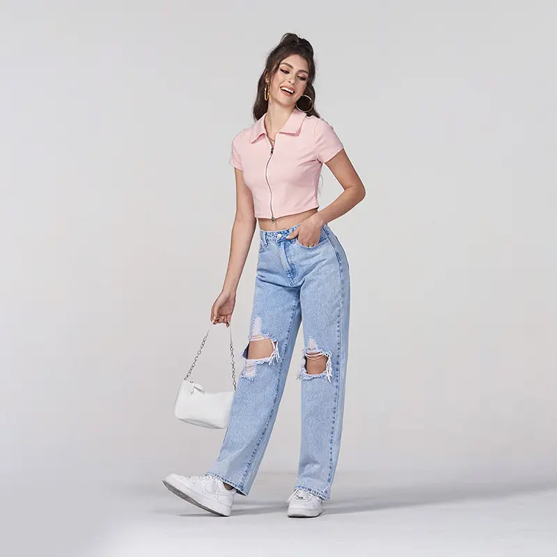 Hot Sale Casual Multiple Pockets Woman Jeans Cargo Pants Ladies High Waist Pants Female Wide Leg Trousers With Zipper