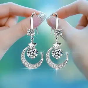 Gorgeous 925 Silver Needle Star Moon Earrings White Sapphire Pink Artificial Dangle Earring for Brides Weddings Engagements