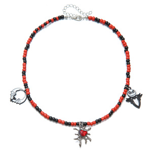 Gothic Beaded Necklace Red Black <b>Skeleton</b> Bat Spider Charm Halloween Party Jewelry Choker Chain - Product Image 2