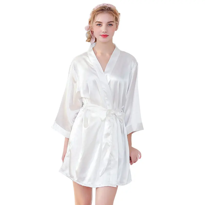 Wholesale Silk Satin Sexy Lace Pajamas Summer Bridal Dressing Gown Plus Size Embroidered Home Robe Sleepwear