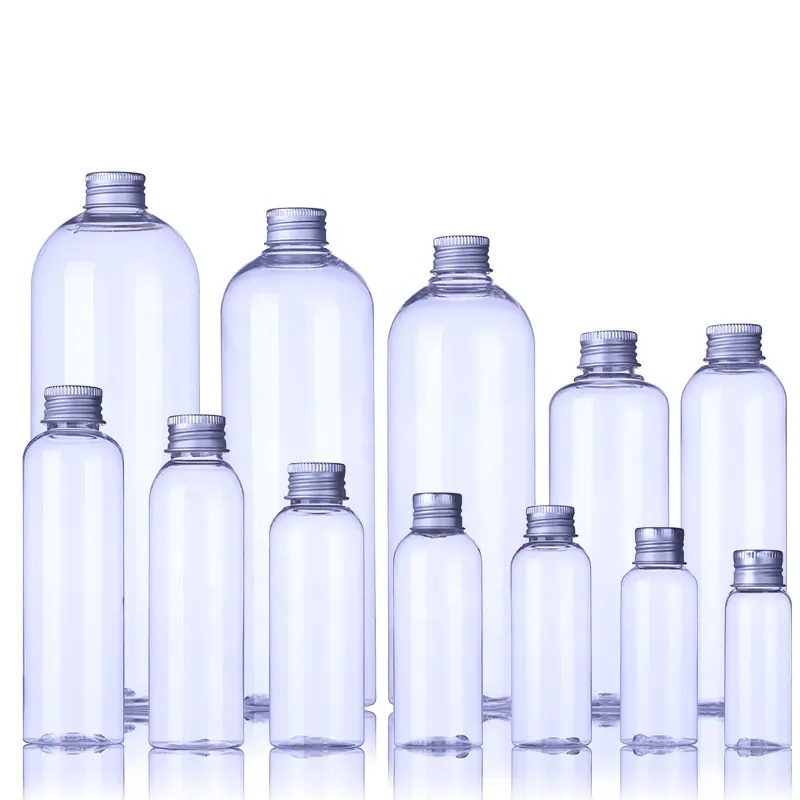 PET شفافة زجاجة بلاستيكية خاتم الفضة روز زجاجات مزودة بغطاء لف ذهبي شعار مخصص اللون زجاجة بلاستيكية