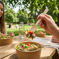 Ensemble de vaisselle jetable en bois de bouleau 100% naturel de qualité supérieure avec fourchette et serviette pour célébrations, mariages, fêtes, restaurants, hôtels