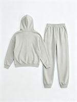 Ensemble de survêtement gris clair décontracté, personnalisable avec logo OEM, comprenant un sweat à capuche zippé épais et un pantalon assorti, style streetwear uni