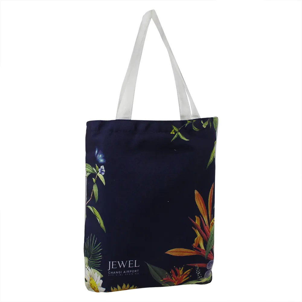 Custom logo durable eco-friendly grocery shopping foldable black floral cotton tote bags for women canvas