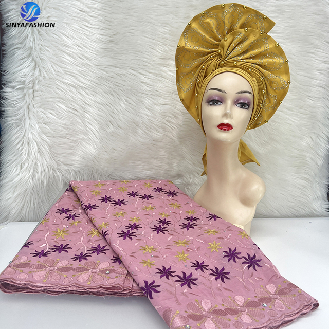 Top Sale Gele Headtie Cotton Lace Soft Lace With Stones Embroidery Gele Nigerian Headtie With Beaded for Wedding Party