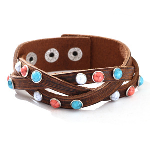 Genuine <b>Leather</b> Cuff <b>Bracelet</b> With Turquoise Inlay Brown Women's Jewelry Gift Geometric Pattern Bezel Setting QNW2709 - Product Image 4