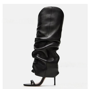 2026 New Style Trendy Cool Women's <b>Black</b> Pu Patchwork Hard-Wearing Ruffled Knee-Length 7cm/8cm Wedge <b>Heel</b> <b>Open</b>-<b>Toe</b> Sandals - Product Image 2