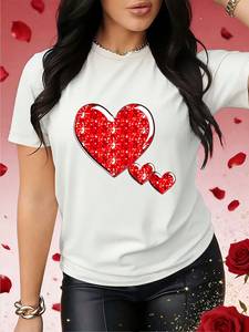 T-shirt décontracté pour femmes pour la Saint-Valentin, imprimé cœur brillant, col rond, manches courtes, respirant, jersey 100% coton, haut pour le printemps et l'été - Product Image 3