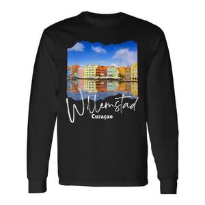 T-shirt a maniche lunghe Willemstad Curacao con design colorato del paesaggio urbano - Product Image 1