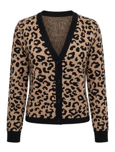 Cárdigan Elegante de Otoño para Mujer, Transpirable, con Estampado de Leopardo, Cuello en V, Tejido de Poliéster/Algodón, Manga Larga, Botones al Frente, Cuello en V en la Espalda - Product Image 2