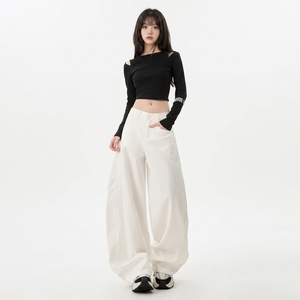 <span class=keywords><strong>Jean</strong></span> cargo <span class=keywords><strong>blanc</strong></span> en coton taille mi-haute à jambe large pour femme, style streetwear hip-hop, multi-poches, décontracté, pour les vacances - Product Image 1