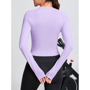 Fisoew Camiseta deportiva de manga larga para mujer, cuello redondo, ajustada, compresión, yoga, camisa deportiva, color morado sólido, poliéster - Product Image 4