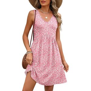 Robe d'été décontractée pour femmes, col en V, sans manches, imprimé floral, coupe trapèze, taille élastique, respirante - Product Image 1