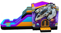 Structure gonflable aquatique double toboggan sur le thème de l'espace, avec parcours de jeux, château gonflable, aire de jeux, aire d'escalade, pour événements promotionnels, fêtes et usage commercial