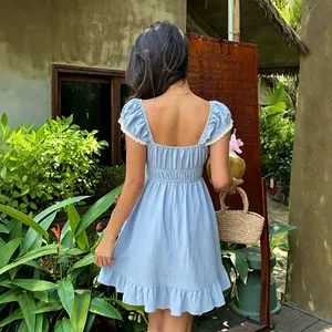 Abito estivo stile francese a trapezio da donna con scollo quadrato, maniche a sbuffo <span class=keywords><strong>e</strong></span> finiture in pizzo, vestibilità slim, perfetto per uscite casual - Product Image 2
