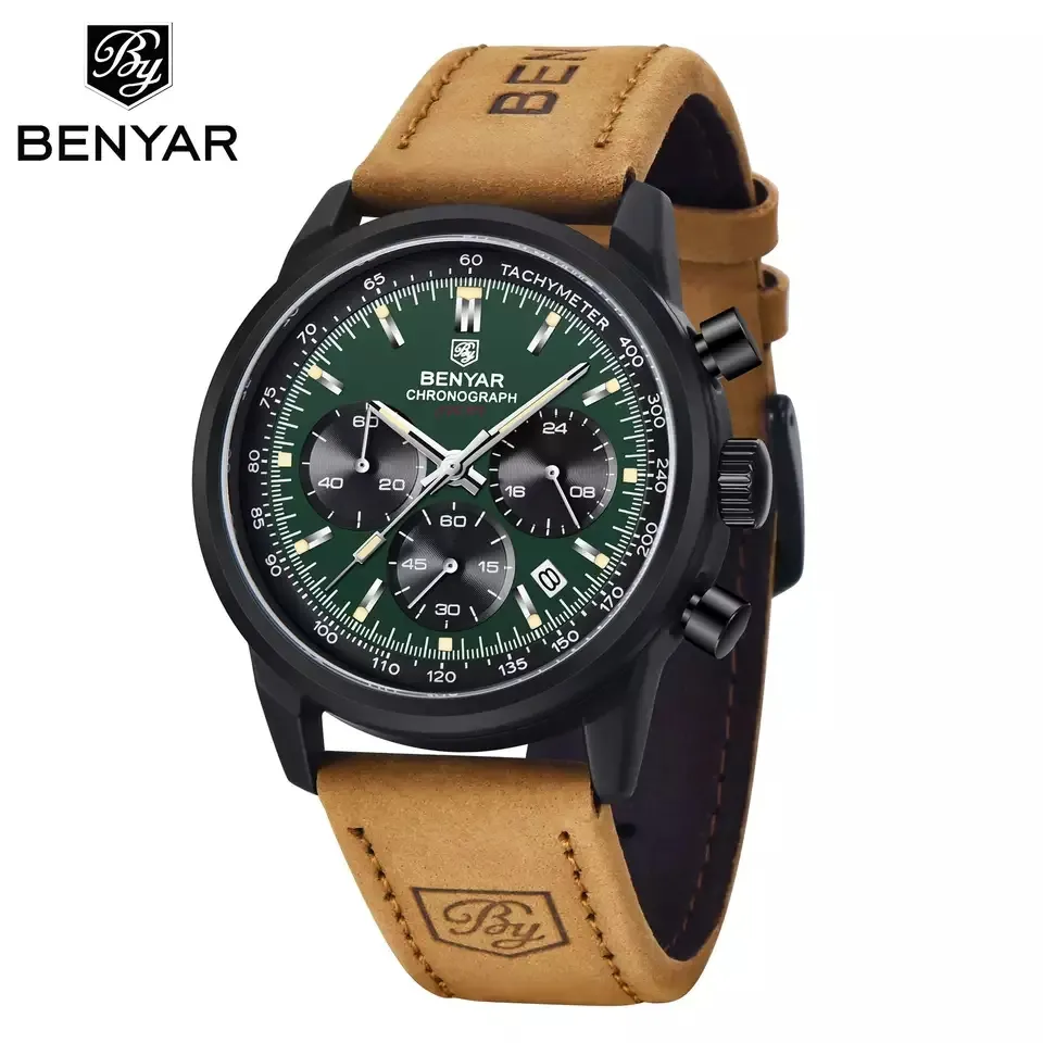 Benyar 5188 quartz watch price bulk wholesale China leather watch for men chronograph stainless steel relojes para hombres