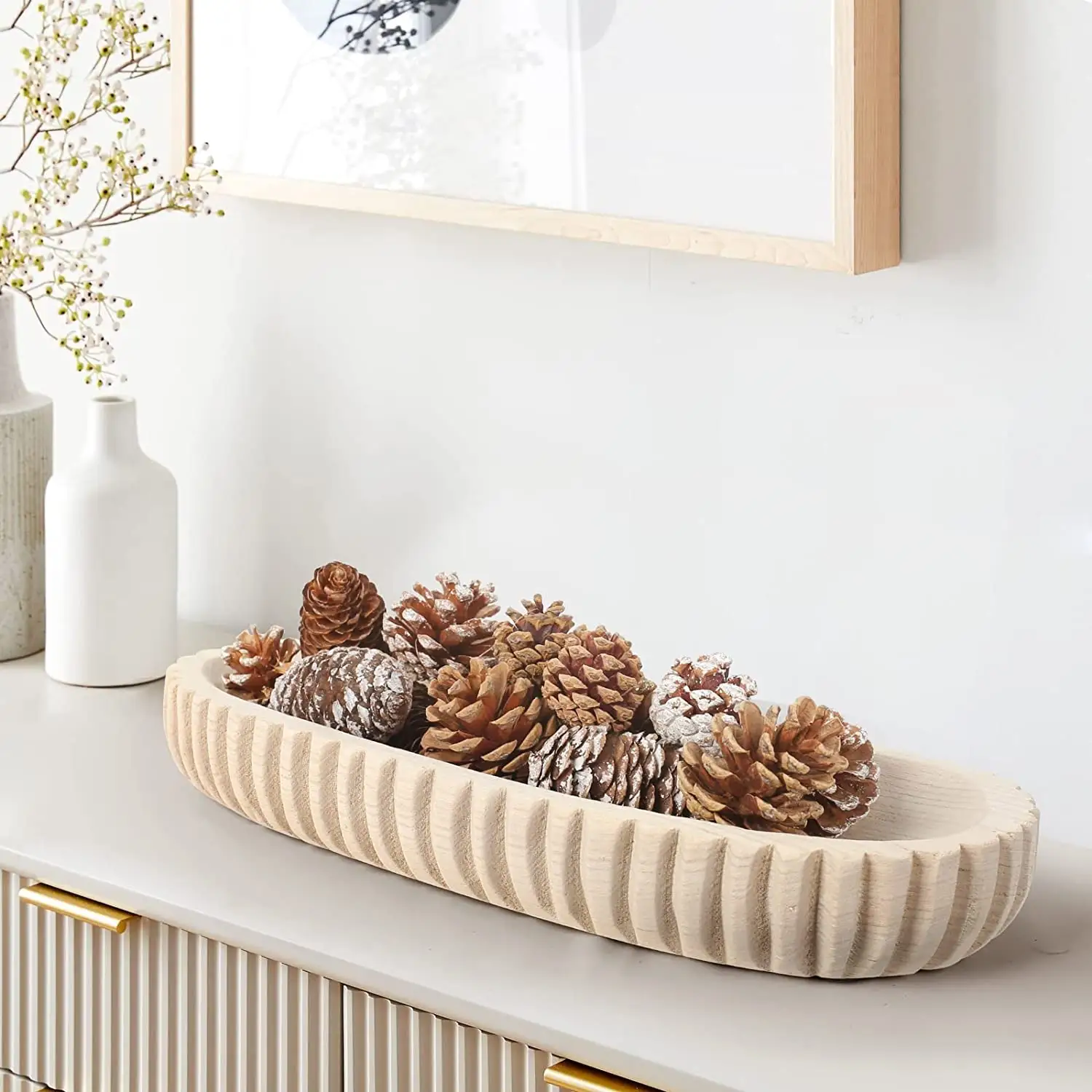 Ahşap dekoratif hamur kase dekor, uzun hamur kase el oyma dikey şeritler, ev dekor için yemek masası merkezi