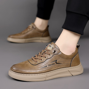 Sneakers en cuir rétro pour homme, bout rond, à enfiler, semelle en caoutchouc antidérapante, chaussures de marche - Product Image 2