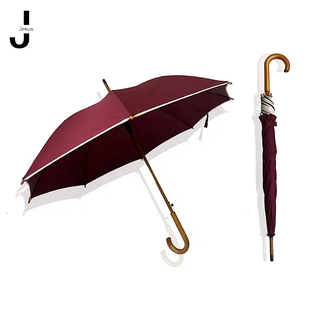 Umbrella Factory Custom Automatic Umbrella Wholesale J Wooden Handle Straight Sticks Wood Umbrella