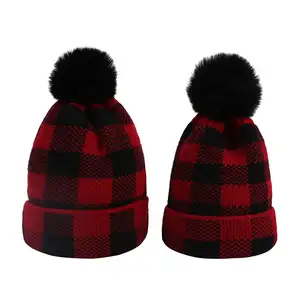 Christmas Mom & Baby Daughter/Son Crochet Knit Beanie Chunky Warm Knit Skull Ski Hat Mommy And Me Buffalo Plaid Knit Pom Hat