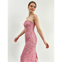 Robe de soirée formelle rose sans bretelles, en satin tissé, ornée de fleurs et de perles, à taille naturelle, longueur ras du sol pour femme