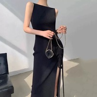 Nouvelle Collection Printemps : Robe Gilet Mi-Longue Tricotée Unie, Style Élégant et Haut de Gamme pour Femme, avec Cordon de Serrage et Fente, Tendance