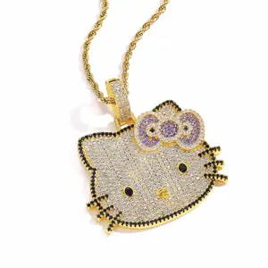 Pendentif chat dessin animé Kitty mignon collier de chat hip-hop rose incrusté de pendentif en zircon