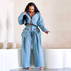 Women Plus Size Light Wash Denim Two Piece Set Cropped Zip Up Jacket High Waist Cargo Wide Leg Pants Streetwear - Product Image 2
