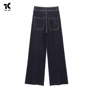 Pantalon droit pour <span class=keywords><strong>femme</strong></span>, nouvelle mode, <span class=keywords><strong>bleu</strong></span> <span class=keywords><strong>marine</strong></span>, avec poches décoratives, <span class=keywords><strong>jean</strong></span> rétro taille haute, style décontracté, denim pour l'automne - Product Image 2