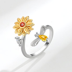 Geometric Colorful Cubic Zirconia Rotating Sunflower Open <b>Adjustable</b> <b>Rings</b> Copper Gold Plated Women Stress Relief Daisy Jewelry - Product Image 6