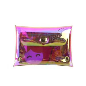 Cosmetic makeup holographic transparent clear PVC waterproof travel toiletry bag custom hologram button pouch