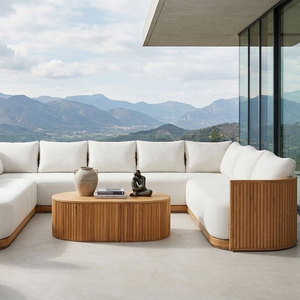 Divano a U in Teak Massiccio YORLLA, Sezionale in Legno Scanalato con Cuscini Bianchi, <span class=keywords><strong>Arredamento</strong></span> da Esterno B2B - Product Image 2