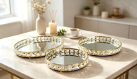 Ensemble de 3 plateaux décoratifs en cristal miroir, cadre en métal doré/argenté, plateau rond pour bougies, cosmétiques, décoration de table de mariage