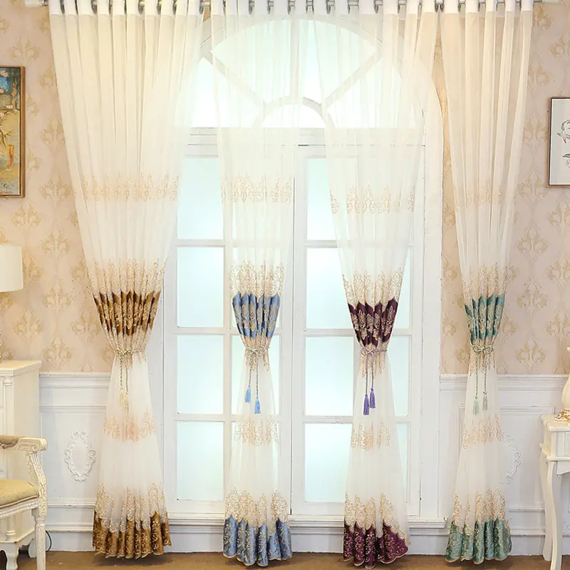 European stil mehrfarbige gestickte gaze vorhang einfache semi-transparente gaze vorhang für wohnzimmer