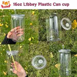 Nouvelle canette durable en acrylique de 16 oz pour boissons gazeuses avec couvercles à paille en plastique, adaptée aux autocollants de transfert UV en vinyle et DTF - Product Image 4