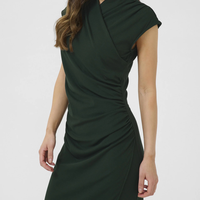 Robe midi décontractée pour femme, col montant, manches courtes, unie vert foncé, froncée sur le côté, vente en gros personnalisée