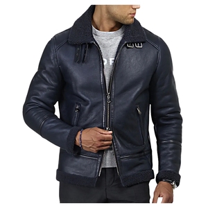 Chaqueta Bomber de Cuero Genuino para Hombre con Forro de Sherpa, Cierre de Cremallera, Estilo Motociclista de Invierno, Azul Oscuro - Product Image 6