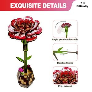 Puzzle en bois 3D de fleurs de carnation pour adultes, kits de bricolage, idéal pour les femmes, les mamans et les grand-mères pour la fête des mères et la Saint-Valentin - Product Image 3