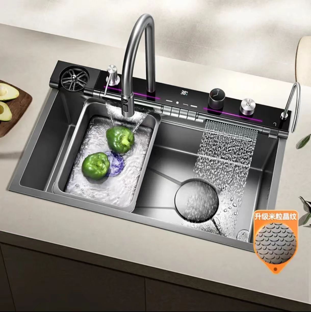 Smart Kitchen Sink with High Pressure Cup Washer Waterfall Faucet DigitalTemperature Display Nano Gray Workstation Sink