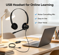 Casque USB Binaural pour Centre d'Appels avec Micro Anti-Bruit, Commande de Muet Intégrée, Certifié CE FCC RoHS, Logo OEM